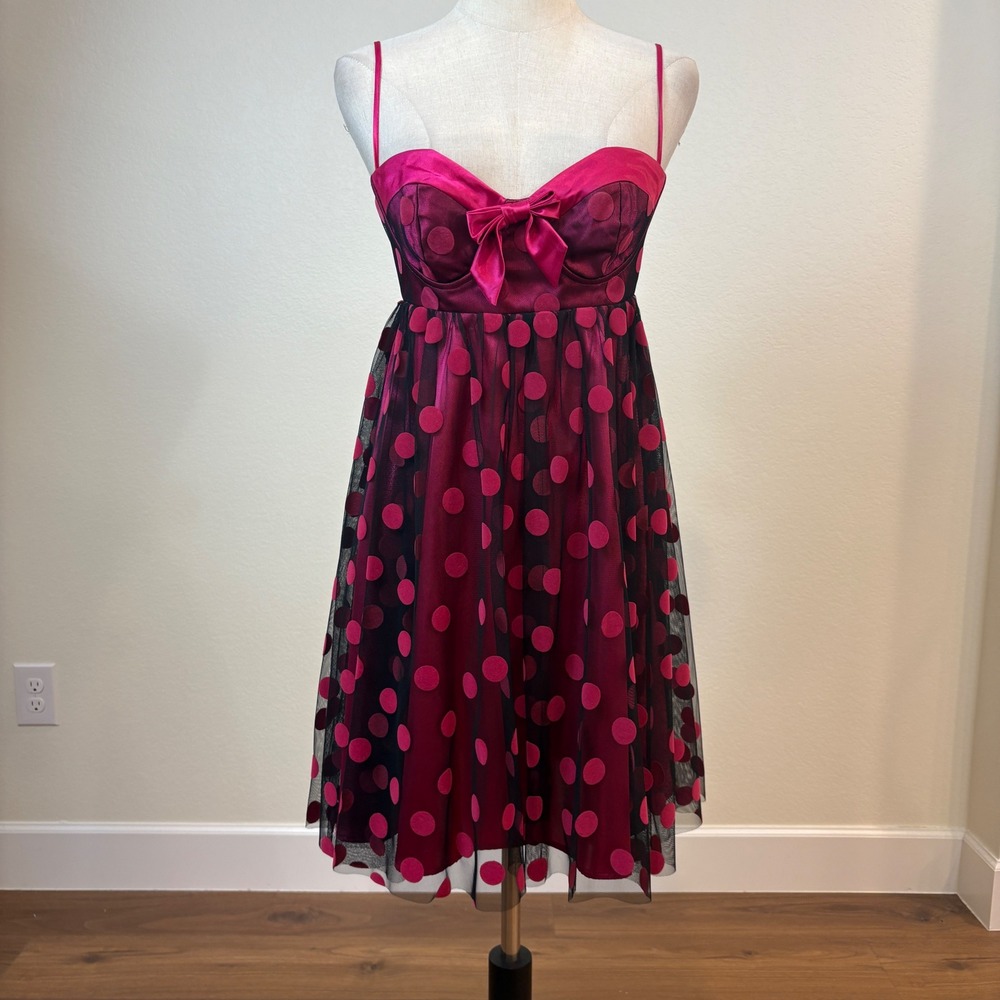 NWT‎ Vtg Betsey Johnson Babydoll Dress Size 2 Pink Black Polka Dot Whimsy Retro